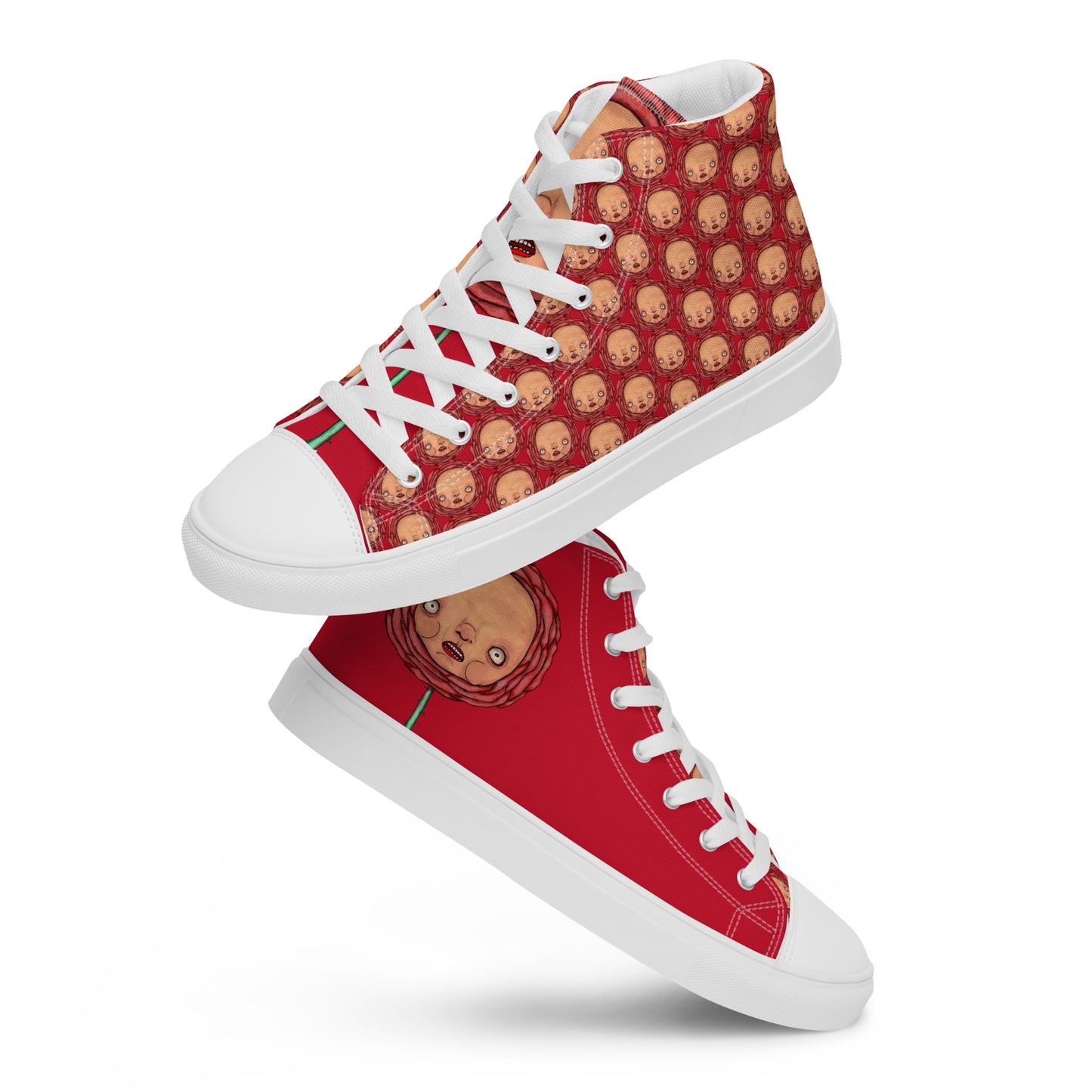 Women’s High Top Canvas Shoes- S1. Polka Dot Roses on Red