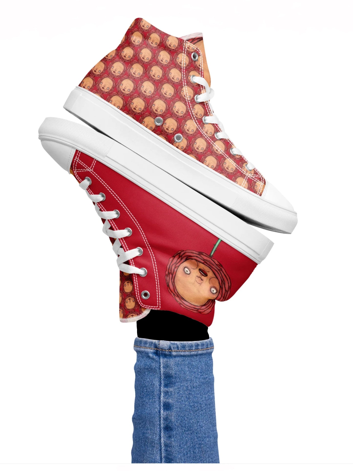 Women’s High Top Canvas Shoes- S1. Polka Dot Roses on Red