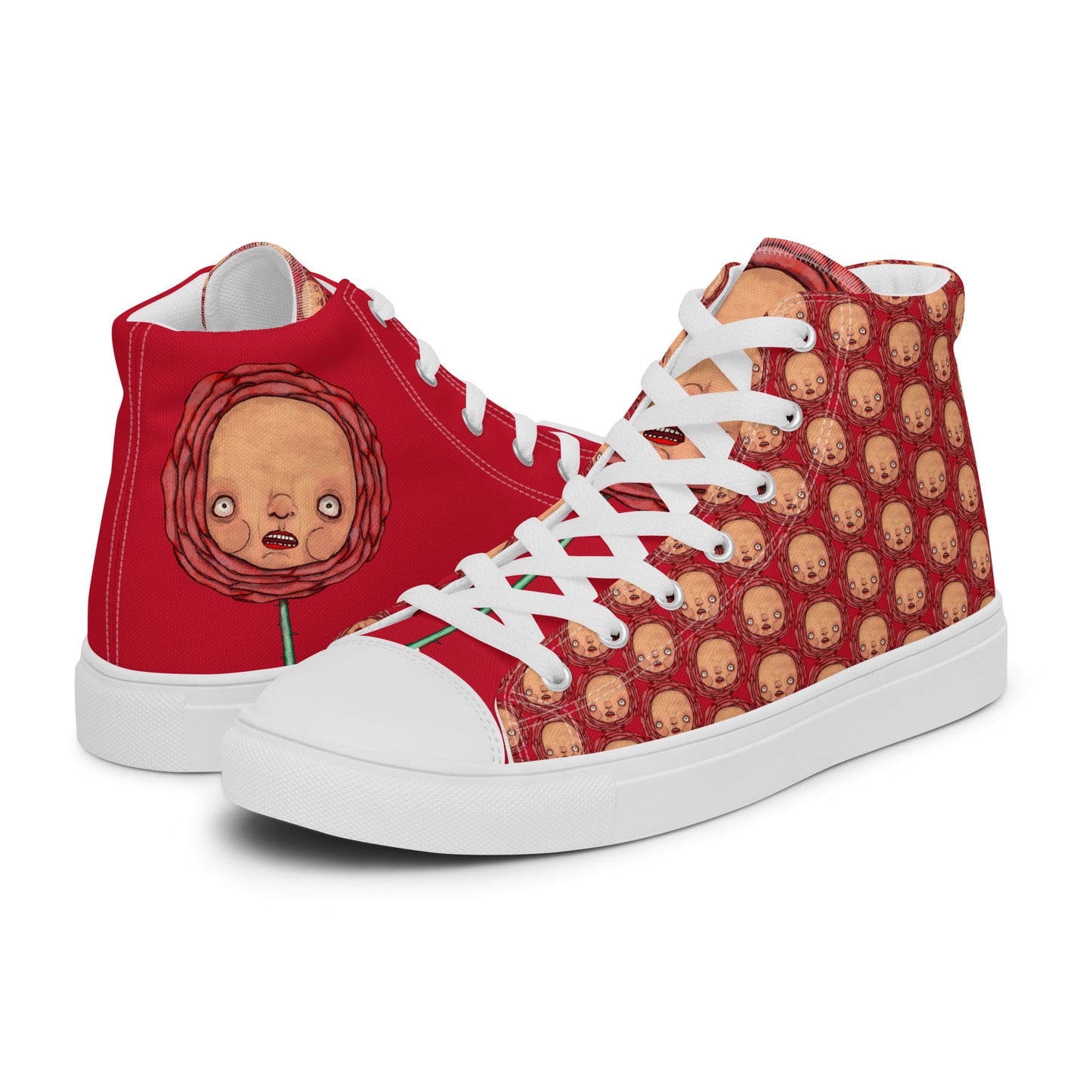 Women’s High Top Canvas Shoes- S1. Polka Dot Roses on Red