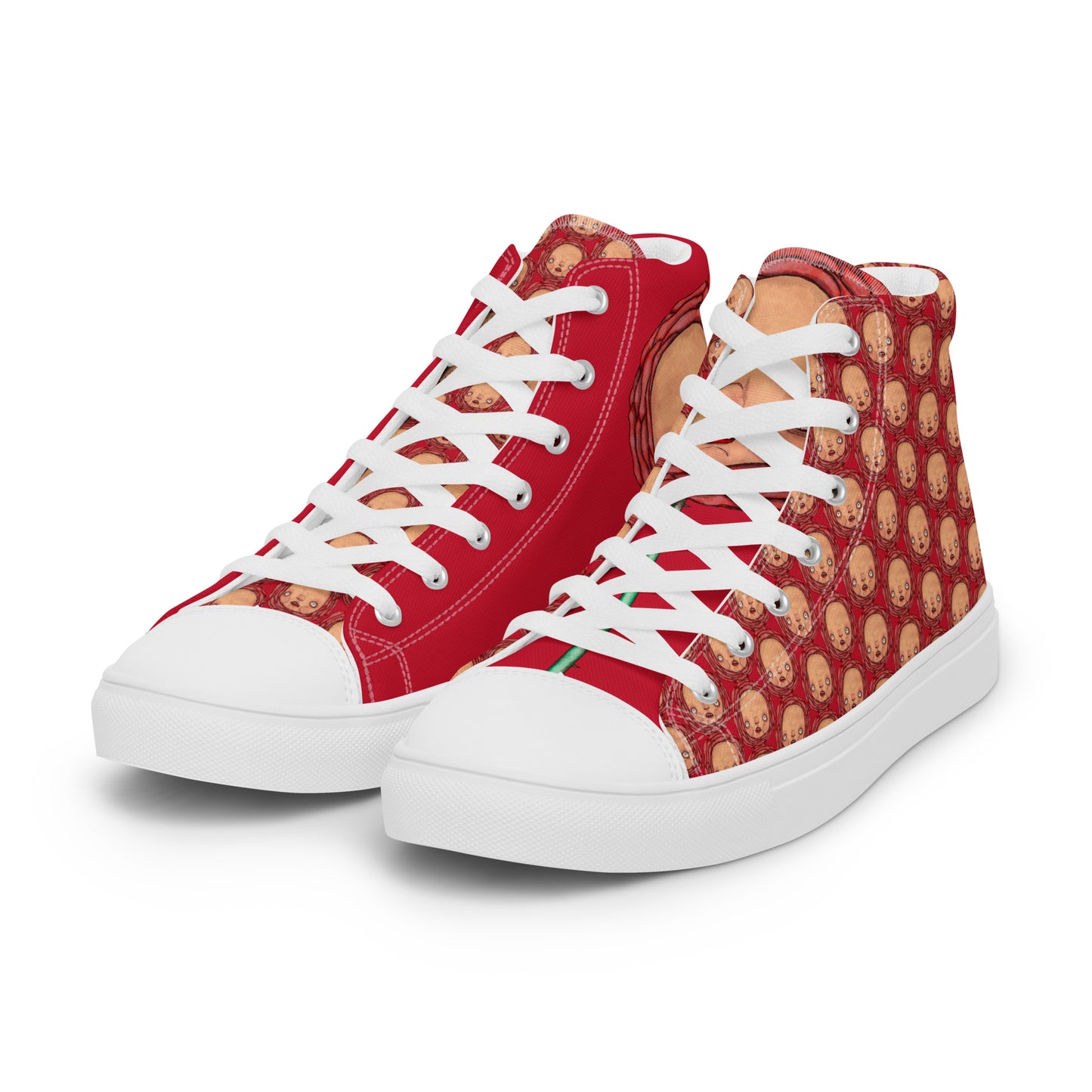 Women’s High Top Canvas Shoes- S1. Polka Dot Roses on Red