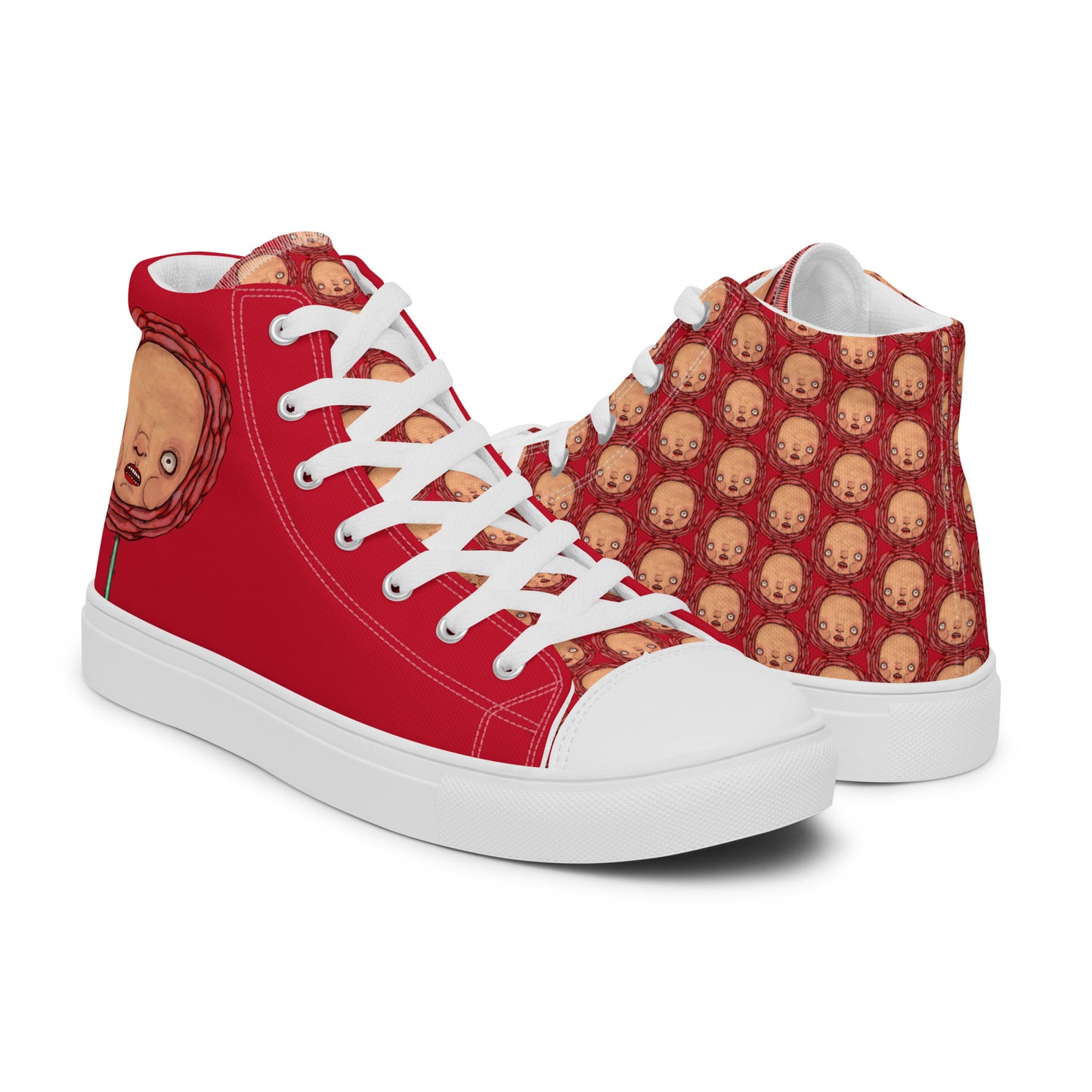 Women’s High Top Canvas Shoes- S1. Polka Dot Roses on Red