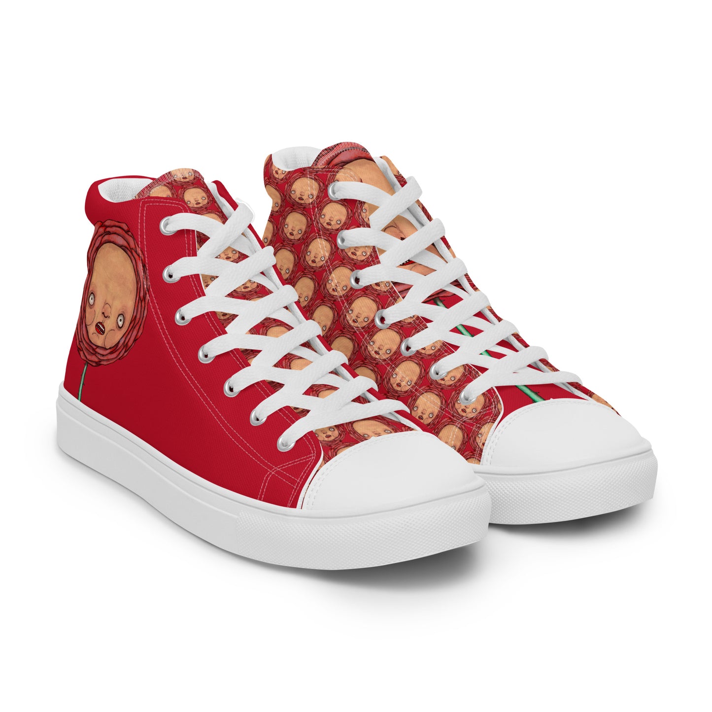 Women’s High Top Canvas Shoes- S1. Polka Dot Roses on Red